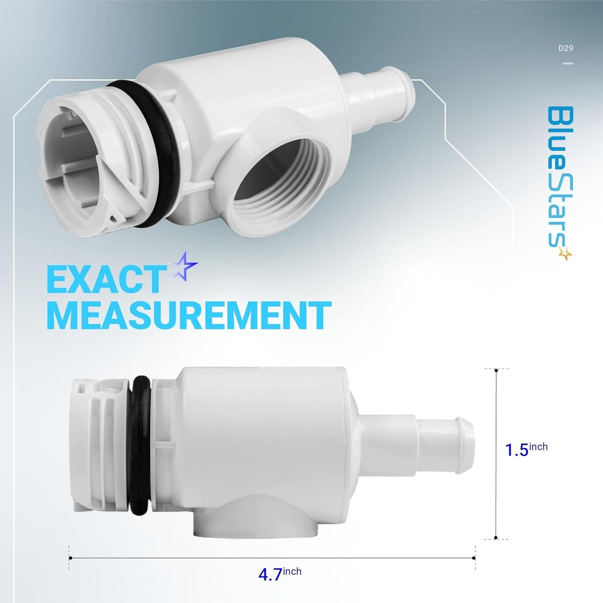 D29 UWF Universal Wall Fitting quick disconnect showing dimensions of 4.7 inches length and 1.5 inches width.