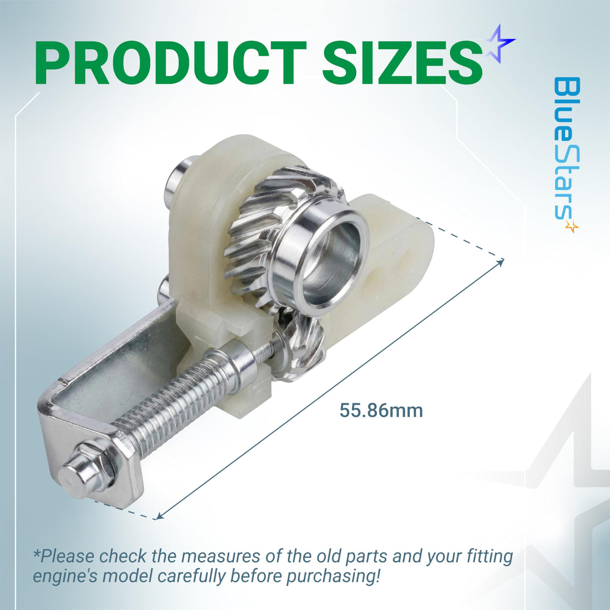 Chainsaw chain tensioner adjuster assembly showing 55.86mm size measurement for 1123 007 1000 replacement.