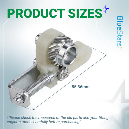 Chainsaw chain tensioner adjuster assembly showing 55.86mm size measurement for 1123 007 1000 replacement.