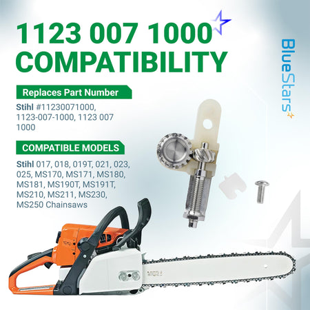 Chain tensioner adjuster kit 1123 007 1000 for Stihl chainsaws with compatibility chart and chainsaw illustration.