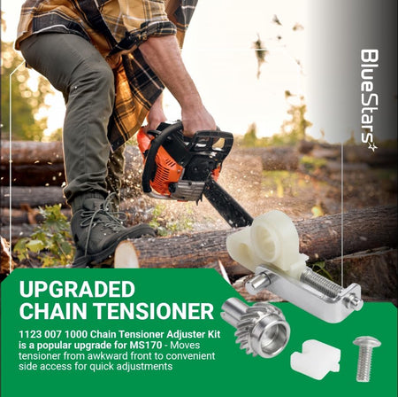 Upgraded chain tensioner adjuster kit 1123 007 1000 for chainsaw side-access adjustment.