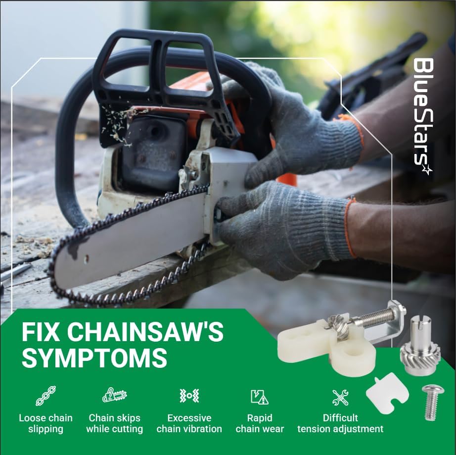 Chainsaw chain tensioner kit components shown with repair symptoms for compatible Stihl chainsaw models.