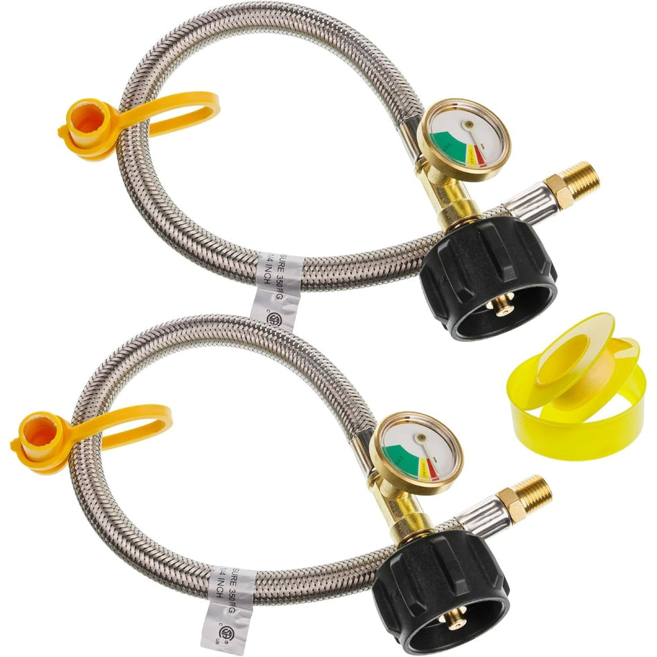 [1/4 Male NPT] 15 inch RV Propane Hoses with Gauge to QCC1 Stainless Steel Braided Camper Tank Hose for RV Camper Standard Two-Stage Regulator - Pack of 2 40Lb 350PS