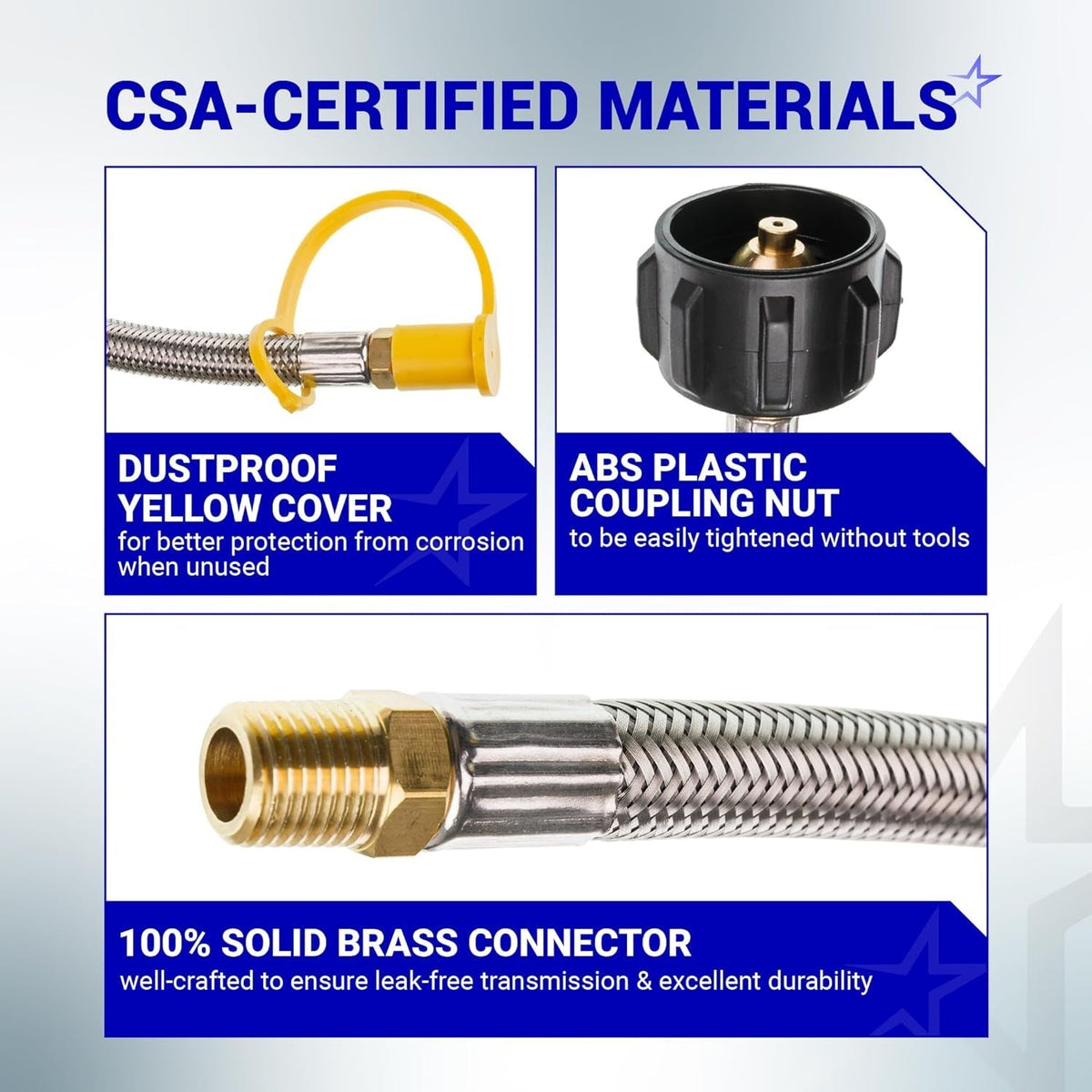 Close-up of RV propane hose components showing yellow dust cover, QCC1 coupling nut, and solid brass connector.