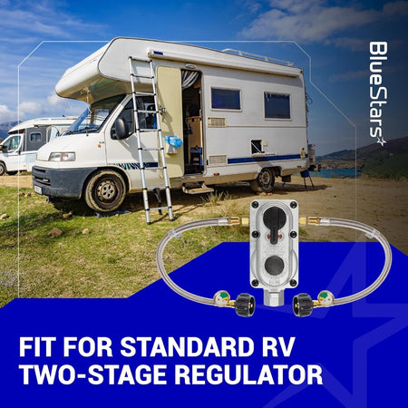 Two 15-inch stainless steel braided RV propane hoses with gauges connected to a standard two-stage propane regulator.