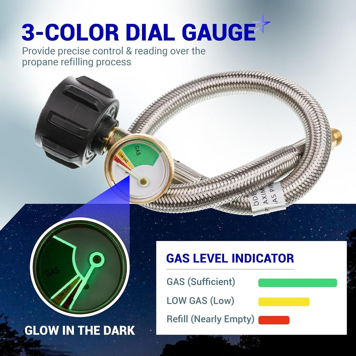 15-inch stainless steel braided RV propane hose with 3-color glow-in-the-dark gas level gauge and QCC1 connector.