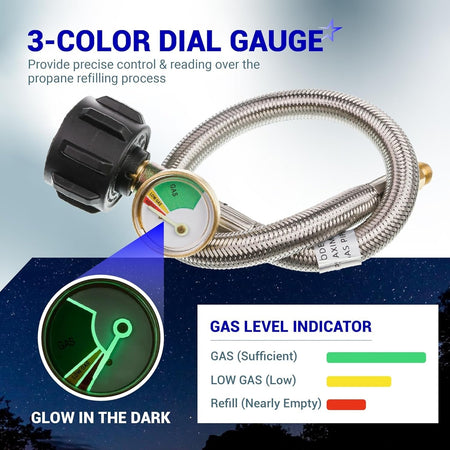 15-inch stainless steel braided RV propane hose with 3-color glow-in-the-dark gas level gauge and QCC1 connector.