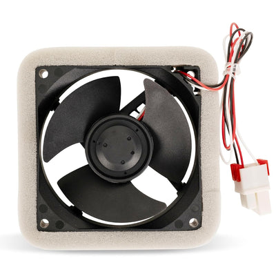 Samsung refrigerator evaporator fan motor with foam insulation and wiring harness.