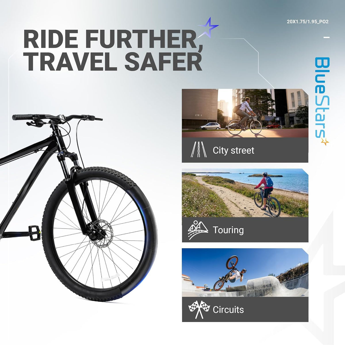 BlueStars bicycle inner tube lifestyle graphic showing compatibility for city, touring, and circuit riding.