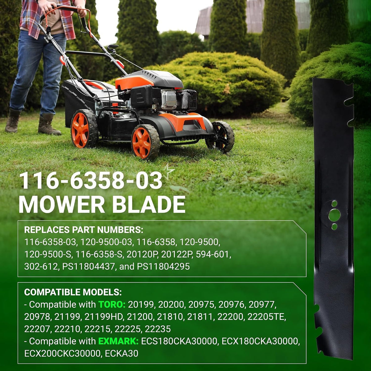 116-6358-03 mower blade replacement for Toro Timemaster and Exmark lawn mowers with compatibility and part number chart.