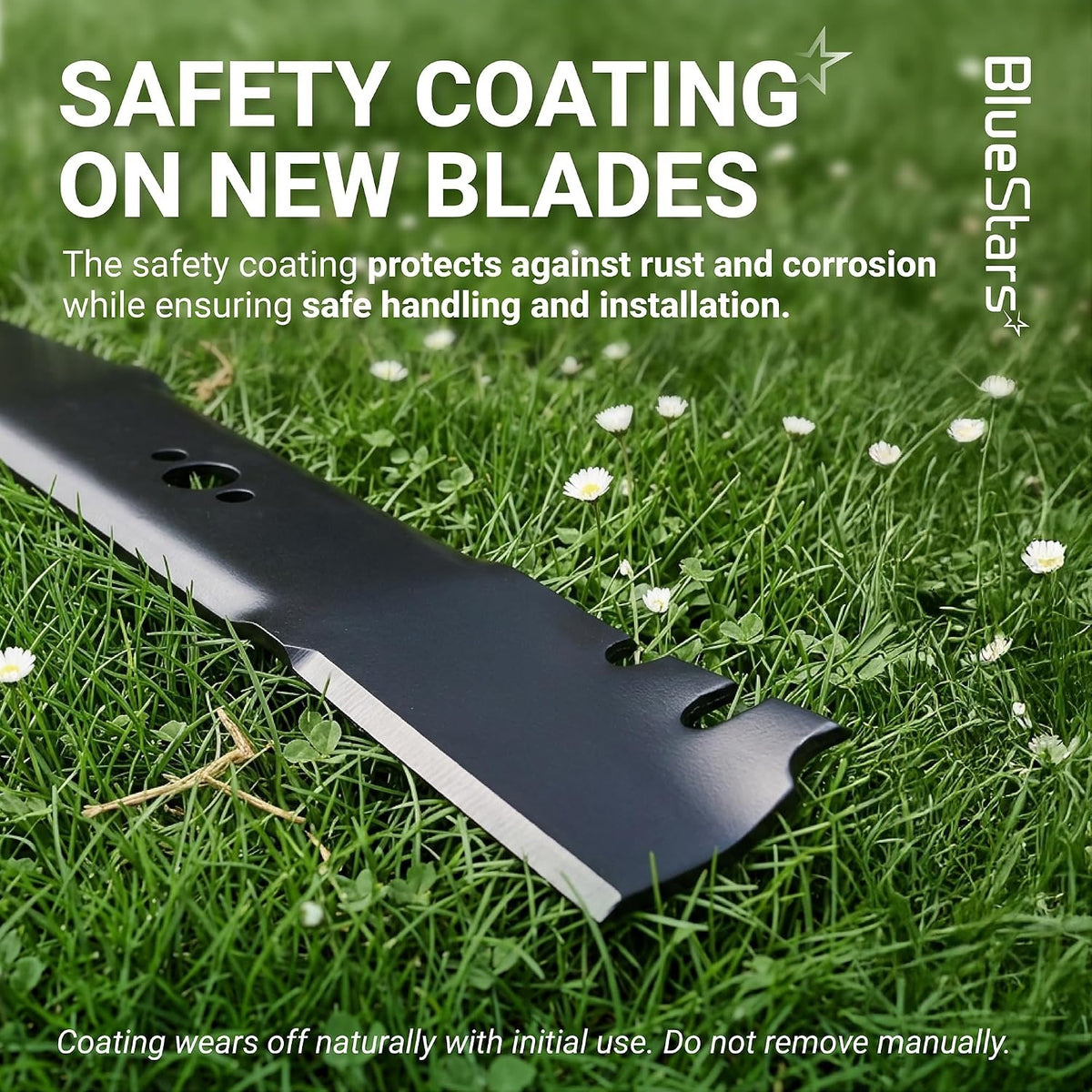 Close-up of 116-6358-03 mower blade with protective anti-rust coating resting on grass.