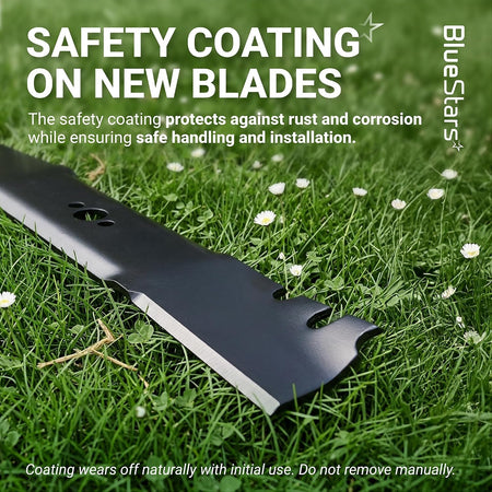 Close-up of 116-6358-03 mower blade with protective anti-rust coating resting on grass.