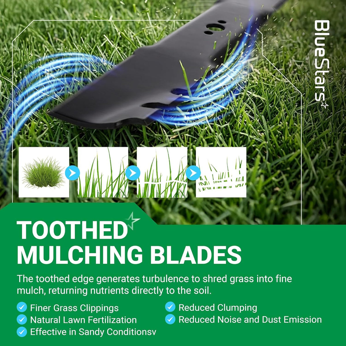 Close-up of 116-6358-03 toothed mulching mower blade shredding grass for fine mulch and natural lawn fertilization.