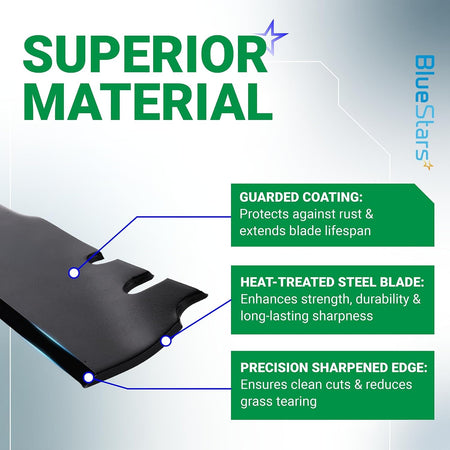 Close-up of 116-6358-03 mower blade showing heat-treated steel, guarded coating, and precision sharpened edge features.