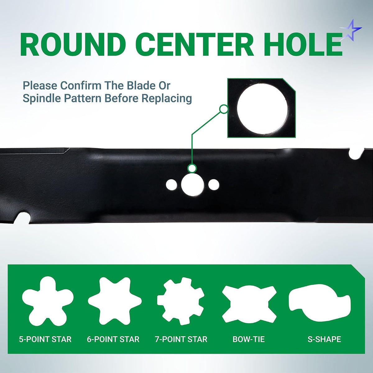 Close-up of 116-6358-03 mower blade showing round center hole mounting pattern for Toro Timemaster compatibility.