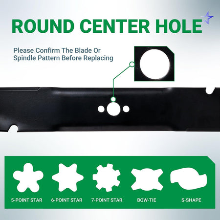 Close-up of 116-6358-03 mower blade showing round center hole mounting pattern for Toro Timemaster compatibility.