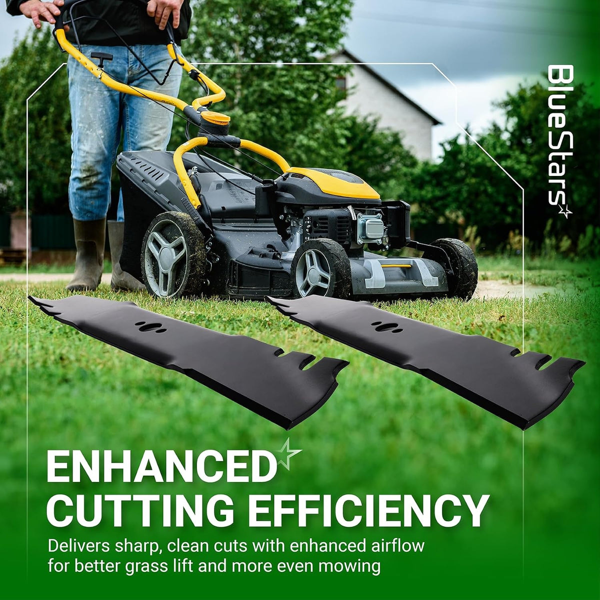 Two 116-6358-03 mower blades for Toro Timemaster and Exmark mowers shown with a lawnmower in a yard setting.