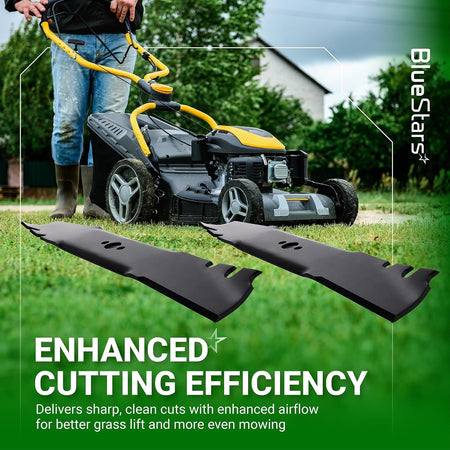 Two 116-6358-03 mower blades for Toro Timemaster and Exmark mowers shown with a lawnmower in a yard setting.