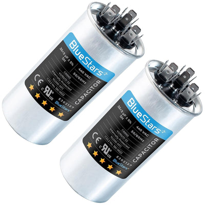 Two 35+3 uF 370/440 VAC CBB65 round dual run capacitors for condenser and heat pump units.