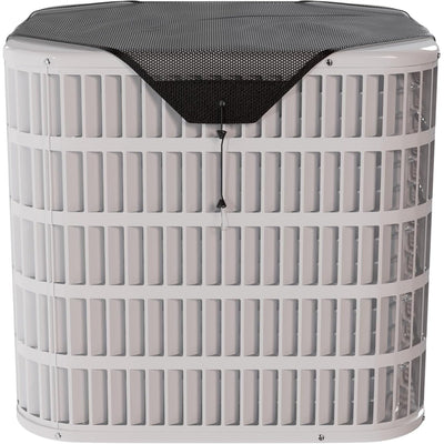 Black mesh 36x36 inch AC condenser cover installed on top of a white central air conditioning unit.