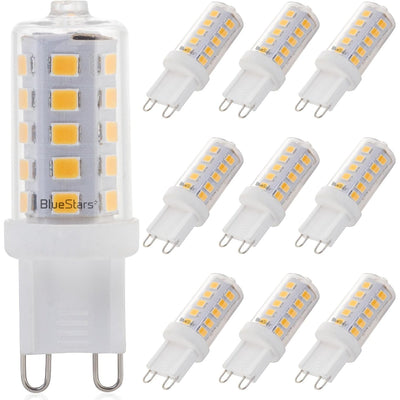 Pack of 10 dimmable 4W G9 LED bulbs with warm white light and no-flicker technology.
