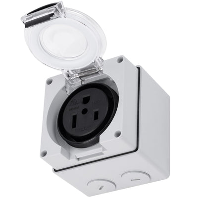 NEMA 6-50R outdoor power outlet box with a clear protective flip cover and 50A 250V receptacle.