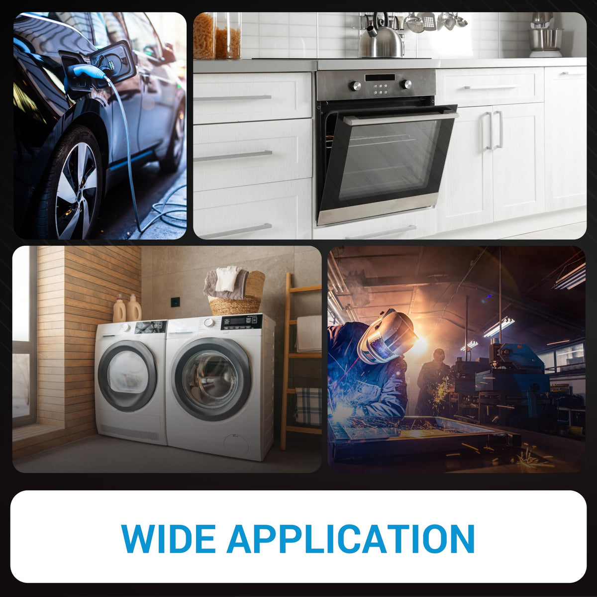 Collage showing NEMA 6-50R power outlet applications for EV charging, electric ovens, laundry dryers, and welding equipment.