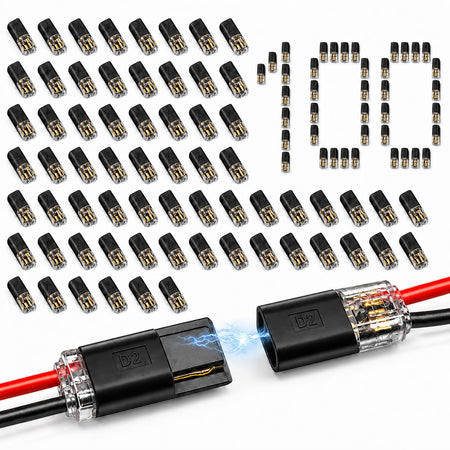 Pack of 100 2-pin low voltage quick wire splice connectors with locking buckle and two connected wires.