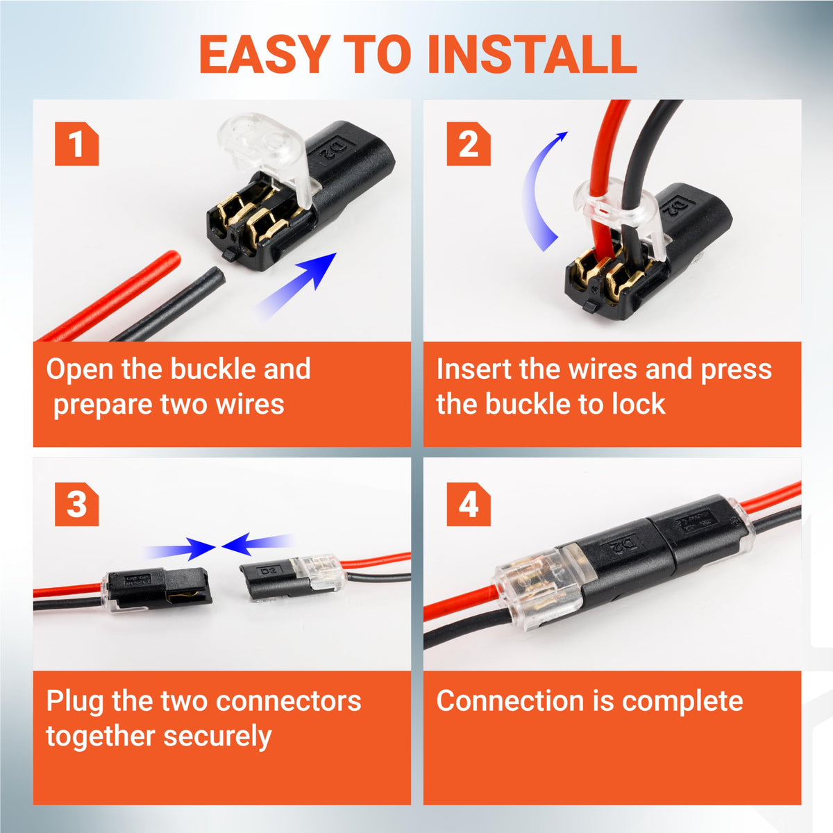 Four-step installation guide for solderless wire connectors showing how to insert wires and lock the buckle.