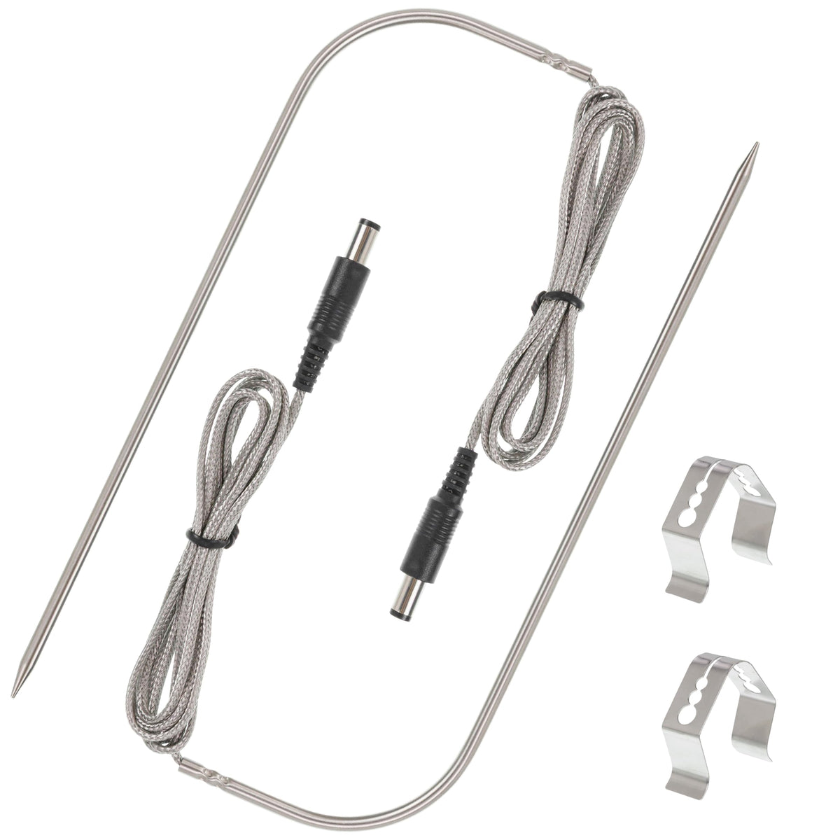 Two replacement temperature meat probes and two stainless steel holder clips for Recteq wood pellet grills.