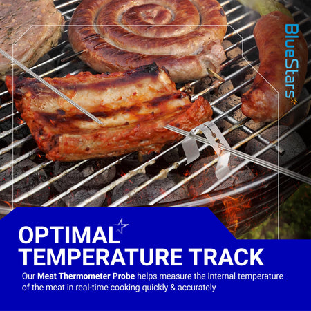 Meat thermometer probe with holder clip inserted into ribs on a wood pellet grill.