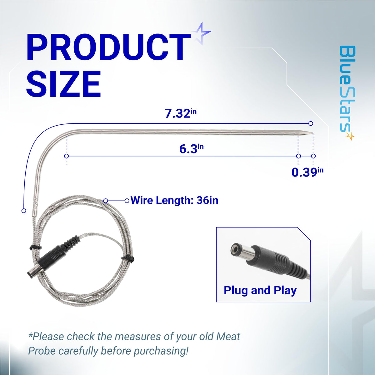 Dimension diagram of Recteq wood pellet grill replacement temperature meat probe with 36-inch wire and plug.