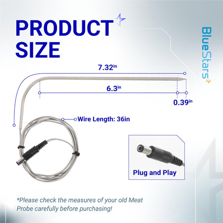 Dimension diagram of Recteq wood pellet grill replacement temperature meat probe with 36-inch wire and plug.