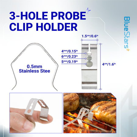 Stainless steel 3-hole thermometer probe clip holder with dimensions for Recteq wood pellet grill probes.