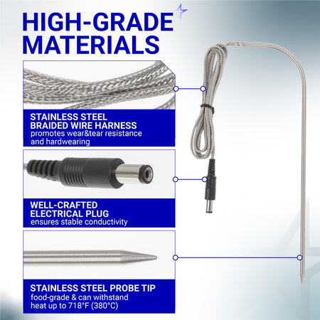 Infographic showing high-grade materials of a Recteq replacement meat probe with braided wire and stainless steel tip.