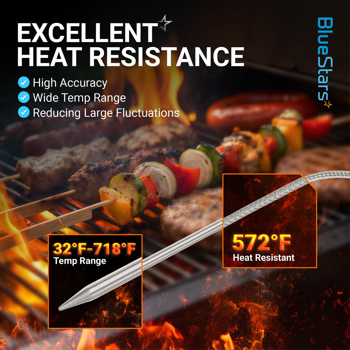 Heat resistant meat probe for Recteq wood pellet grills showing temperature range and accuracy features.
