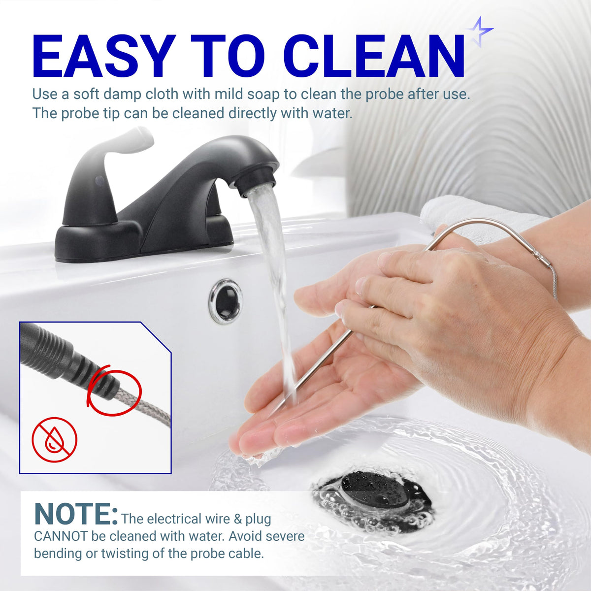 Cleaning instructions for Recteq meat thermometer probe showing water-safe tip and water-sensitive electrical plug.