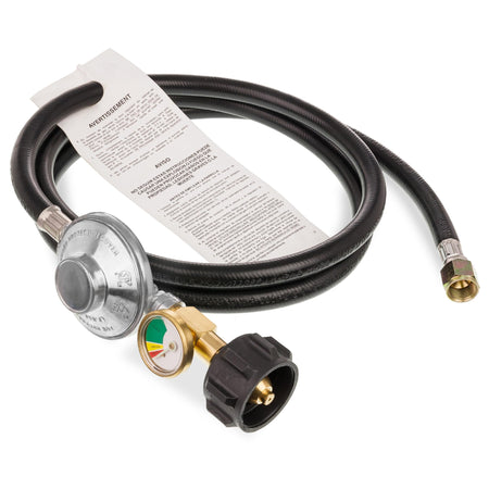 6-foot propane hose with low-pressure regulator, gas level gauge, and safety instruction tag attached.