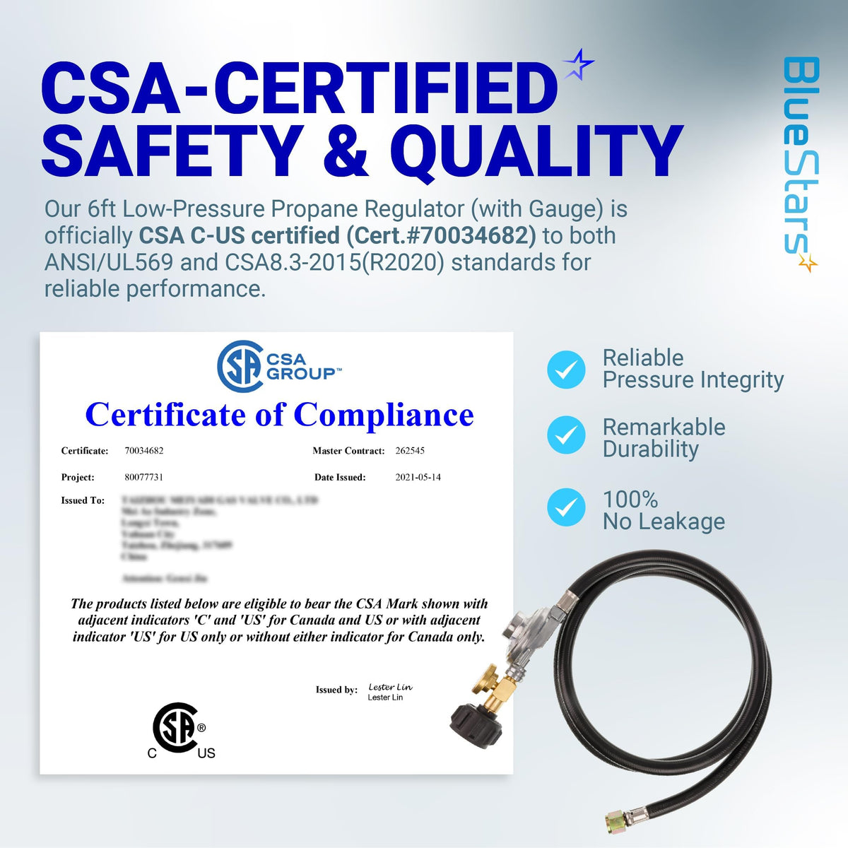 CSA-certified 6ft propane hose regulator with gauge and compliance certificate for grills and fire pits.
