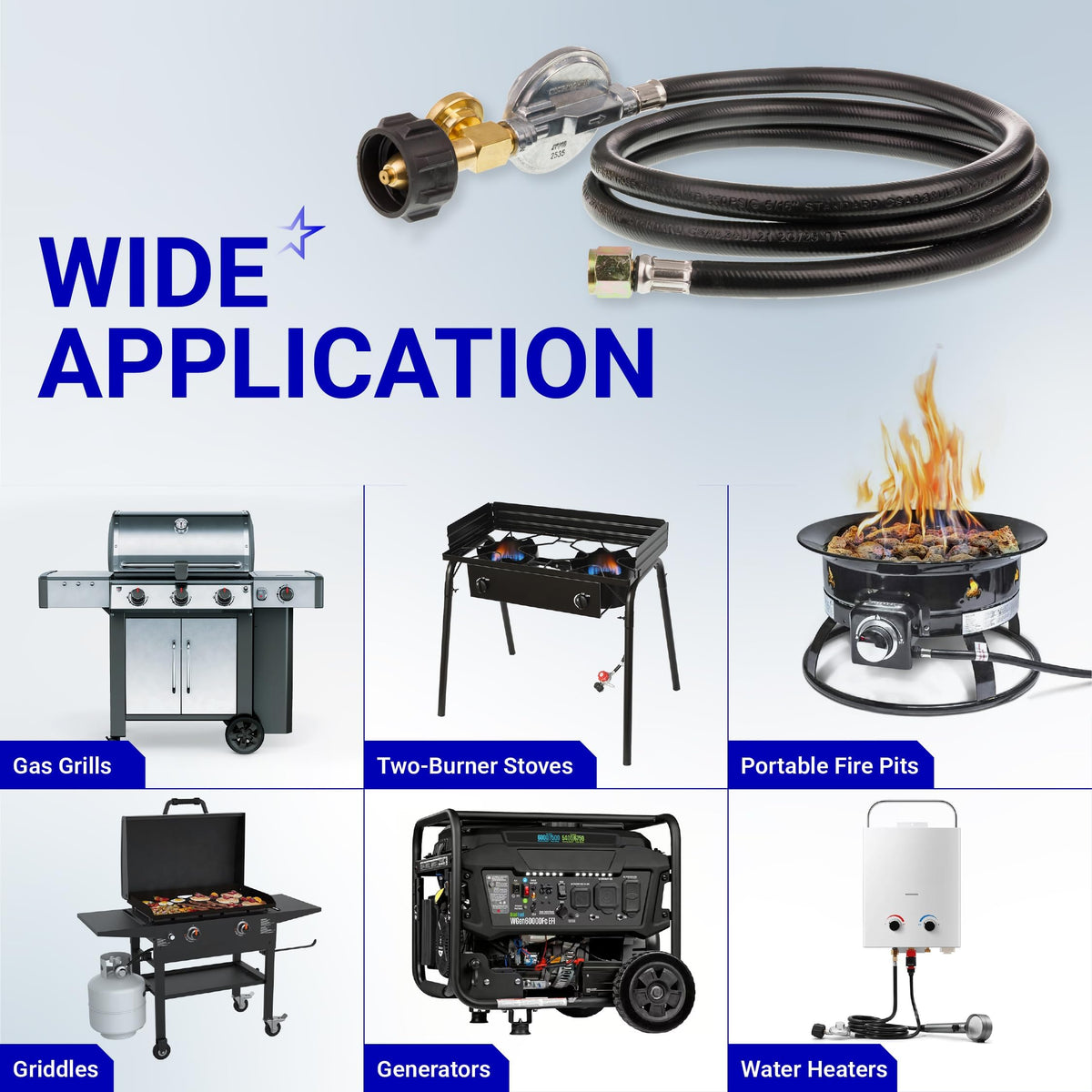 6-foot propane hose regulator shown with compatible gas grills, stoves, fire pits, griddles, generators, and heaters.