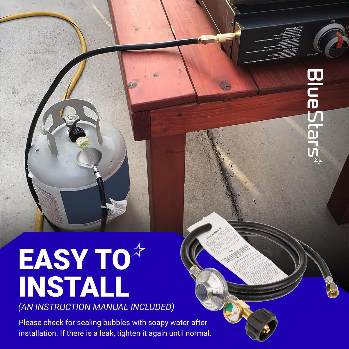 6-foot propane hose and regulator with gauge installed on a grill and propane tank with included instruction manual.