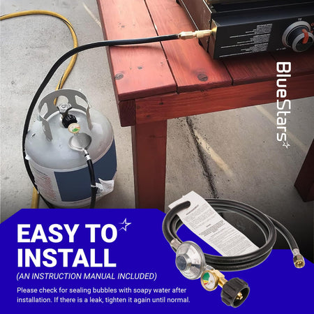 6-foot propane hose and regulator with gauge installed on a grill and propane tank with included instruction manual.