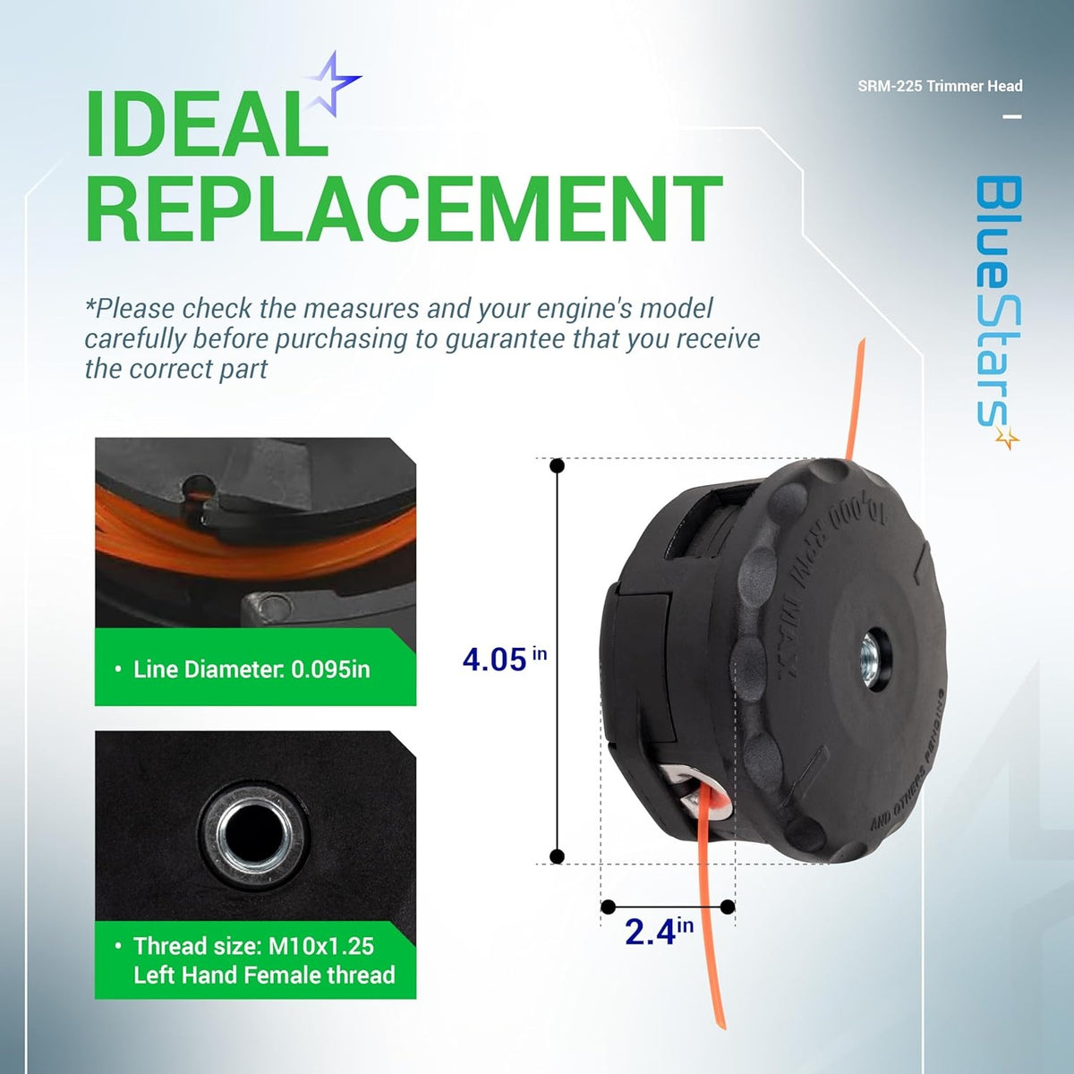 SRM-225 Speed Feed 400 trimmer head showing dimensions, 0.095-inch line diameter, and M10x1.25 left-hand thread details.