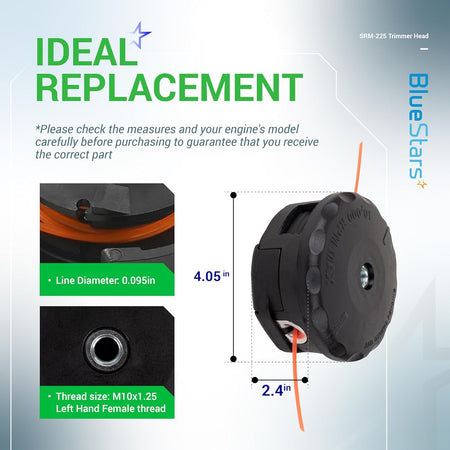 SRM-225 Speed Feed 400 trimmer head showing dimensions, 0.095-inch line diameter, and M10x1.25 left-hand thread details.