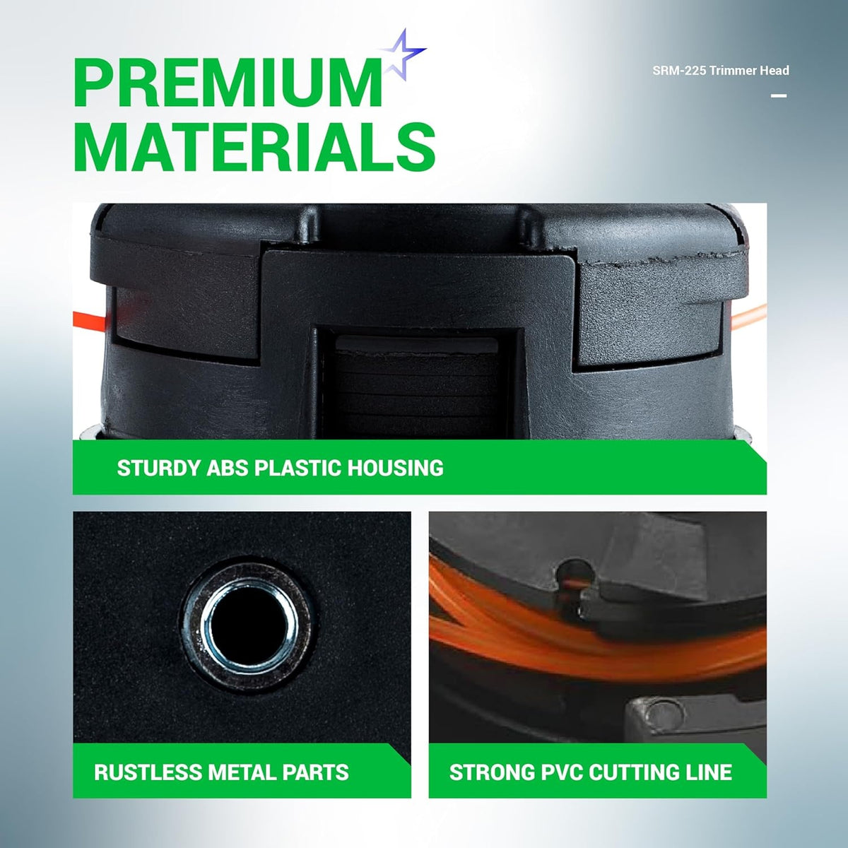 Close-up of SRM-225 string trimmer head showing ABS plastic housing, metal parts, and PVC cutting line.