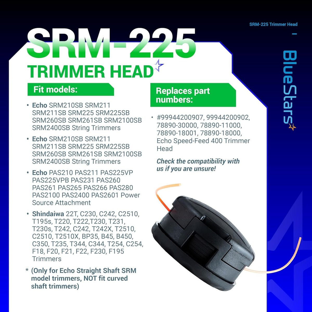 Informational graphic for SRM-225 Speed Feed 400 string trimmer head showing compatibility and replacement part numbers.