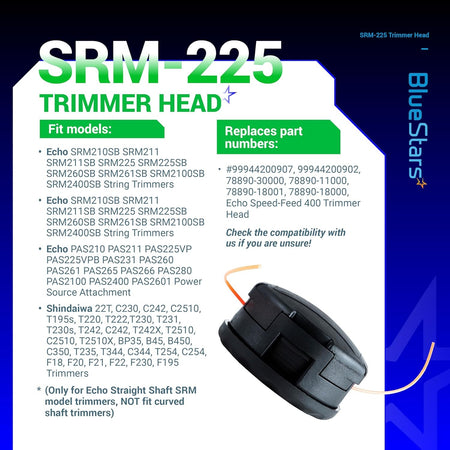 Informational graphic for SRM-225 Speed Feed 400 string trimmer head showing compatibility and replacement part numbers.