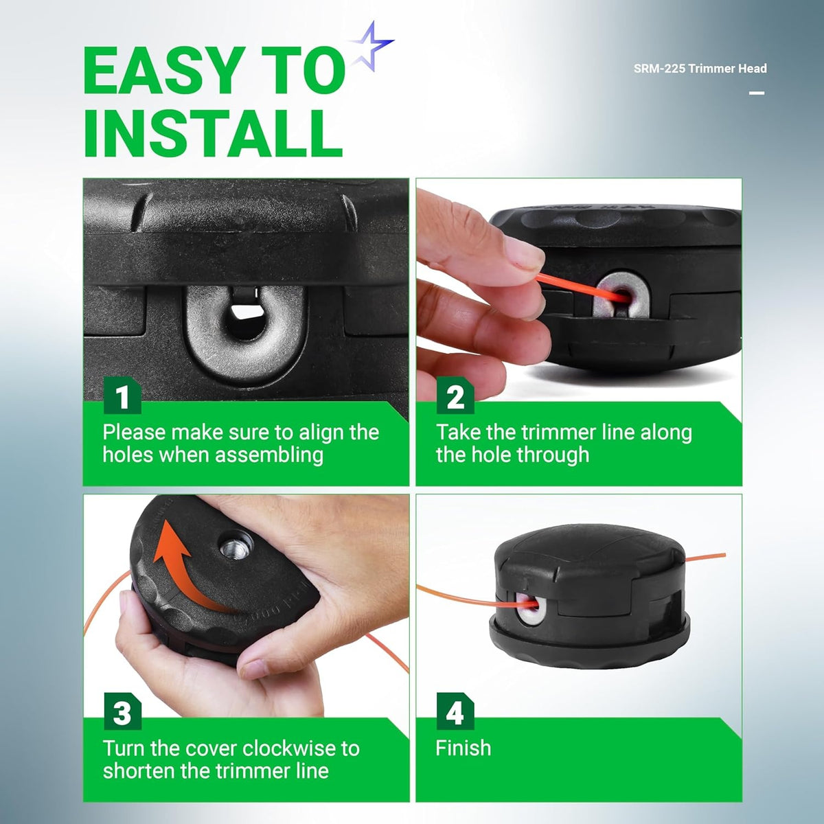 Four-step installation guide for SRM-225 Speed Feed 400 string trimmer head showing how to load the trimmer line.