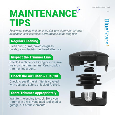 Infographic showing maintenance tips for Echo SRM-225 Speed Feed 400 trimmer head with exploded view of components.