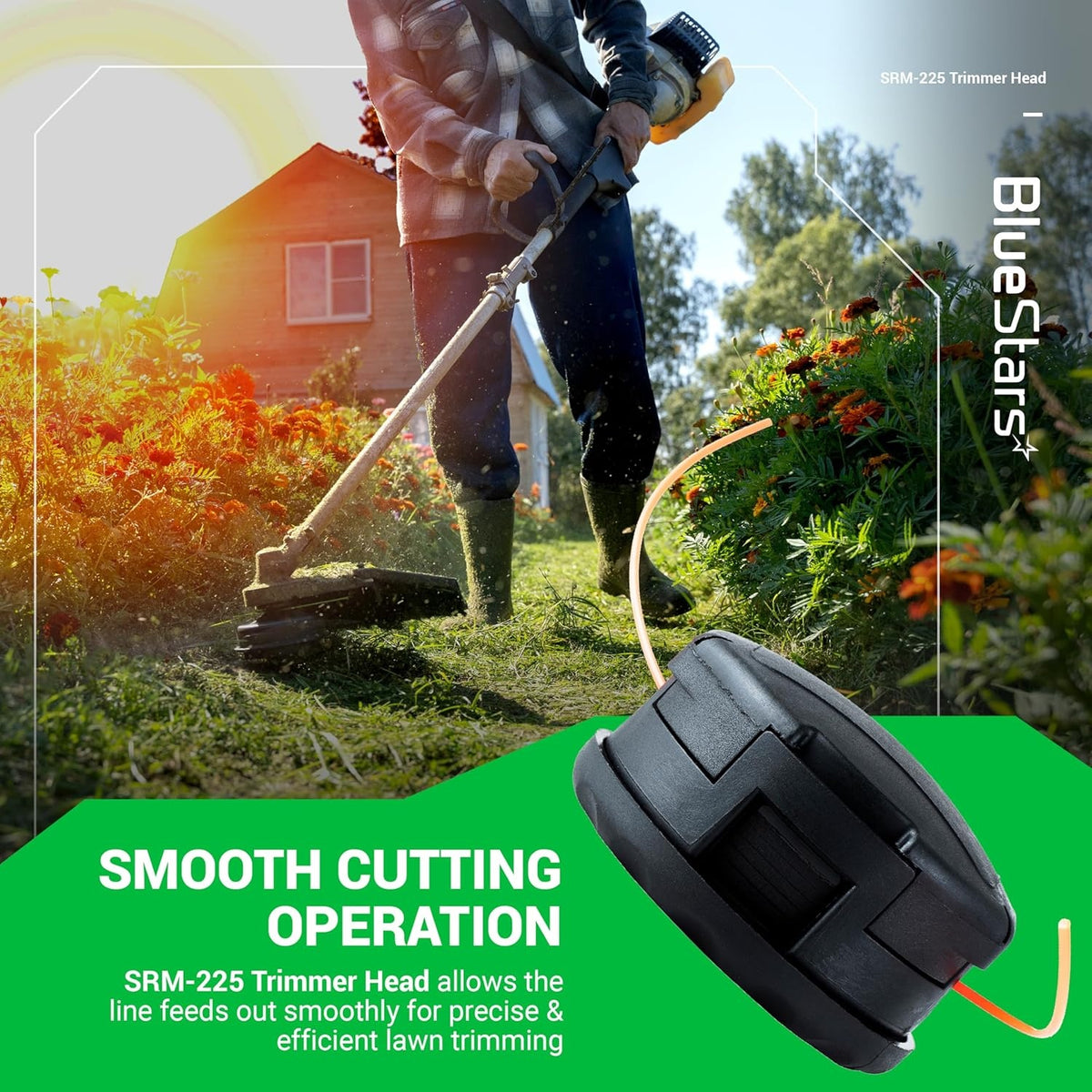 SRM-225 Speed Feed 400 trimmer head replacement shown in a lifestyle graphic for lawn maintenance.